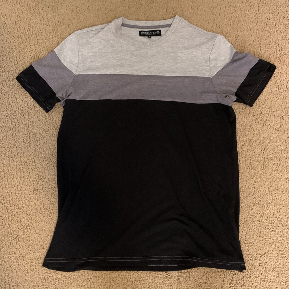 Free Planet Crew Neck Black Grey Light Grey Tricolor Striped Soft T-Shirt